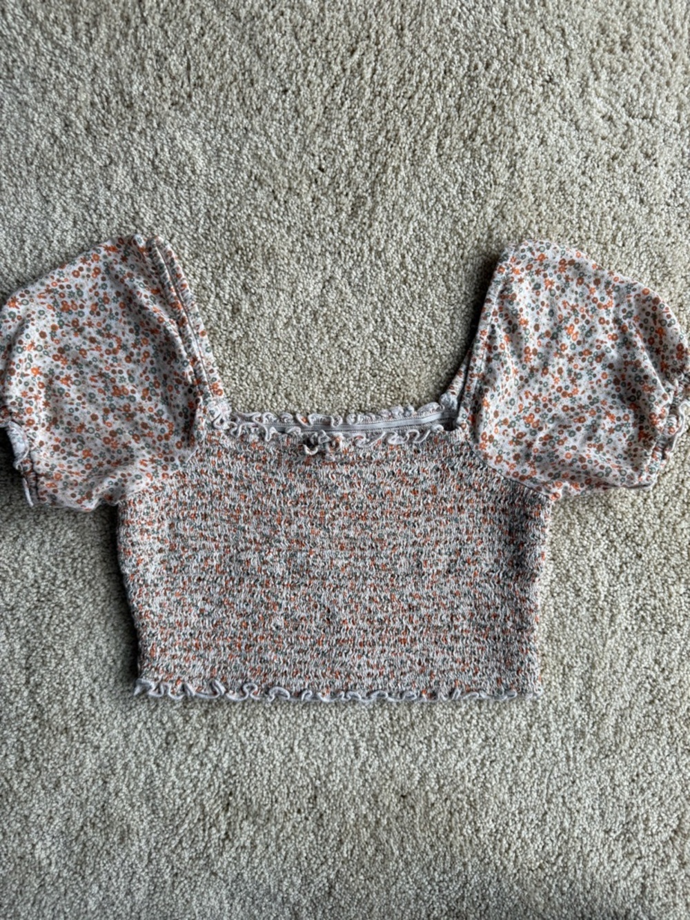 Aerie Smocked Floral Crop Top Puff Sleeve Cottagecore Square Neck Stretch XS
